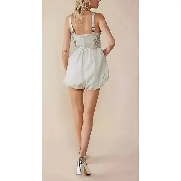 Free People Janelle Bubble Dress Denim Beaded Romper 0 NWT - Picture 2 of 11